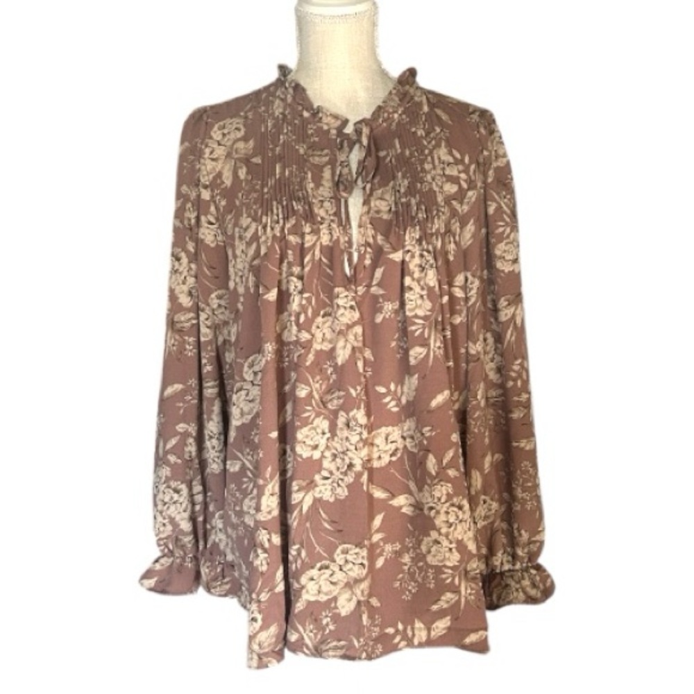 Torrid Brown & Cream Floral Pintuck Boho Blouse Peasant Sleeves V-neck  1X New